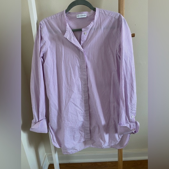 Scanlan Theodore | Striped Lilac Collarless Long Sleeve Cuffed Shirt - Picture 7 of 7